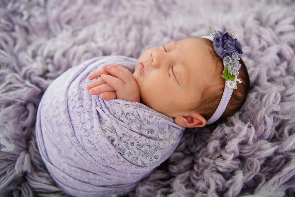 newborn girl wrapped in purple lace for her baby photos in Hamilton, Ontario.