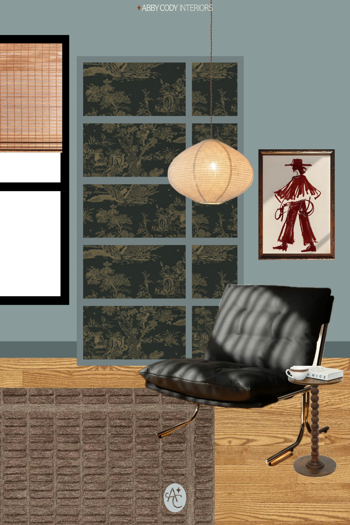 reading nook in a nyc apartment with upcycled painted billy ikea bookshelves, wallpapered bookcase, rice paper lantern, lounge eames black leather chair, spindle wood drink table, western cowgirl aesthetic print, bamboo shades, black window