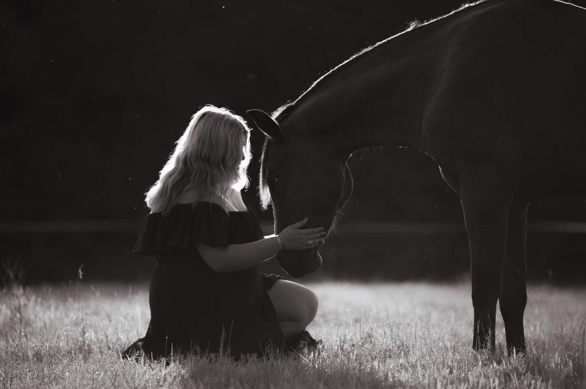 Equestrian sunset portrait edited with Golden Embrace – rich contrast, soft blacks, and emotional depth for storytelling in backlit golden light.