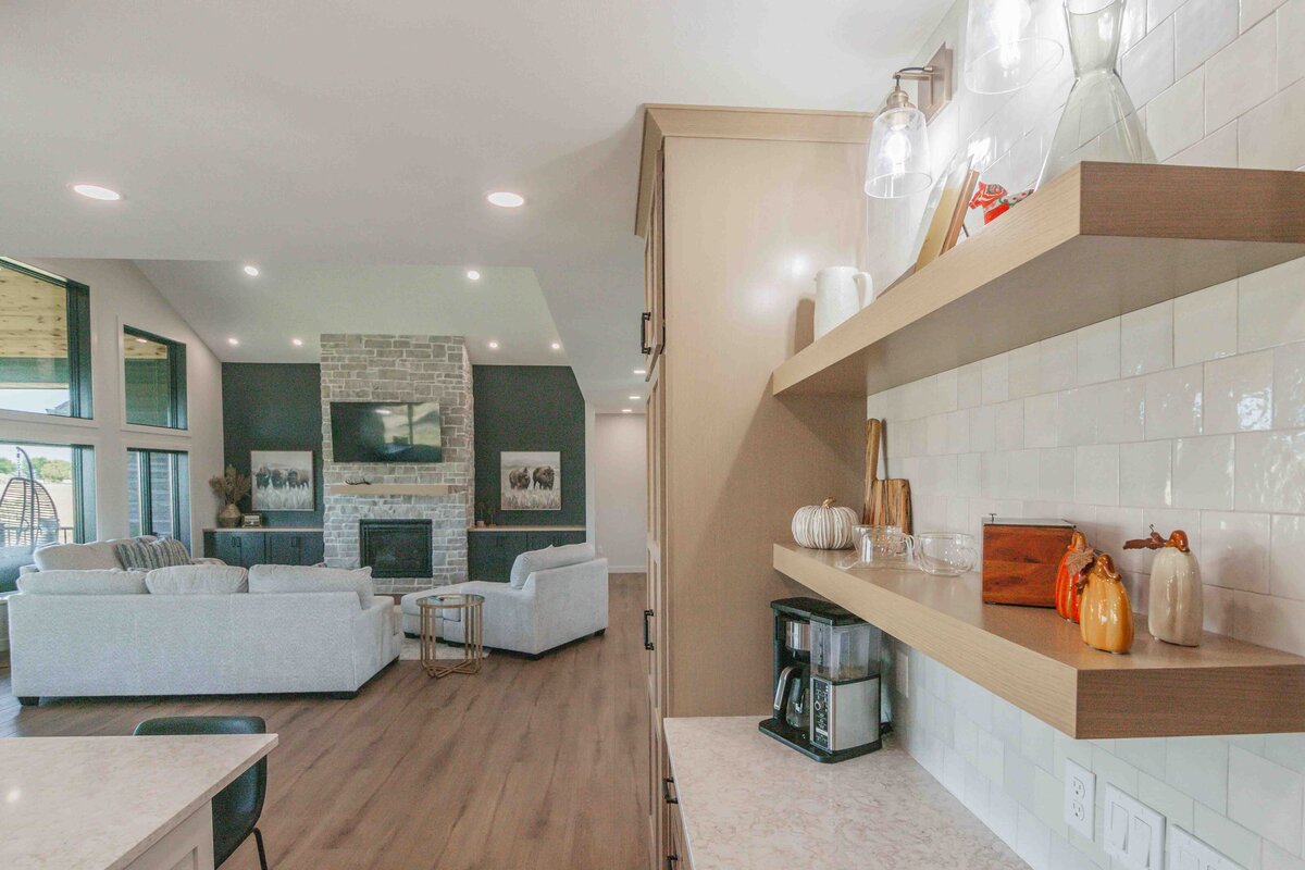 wooden shelves with living room remodel in the background