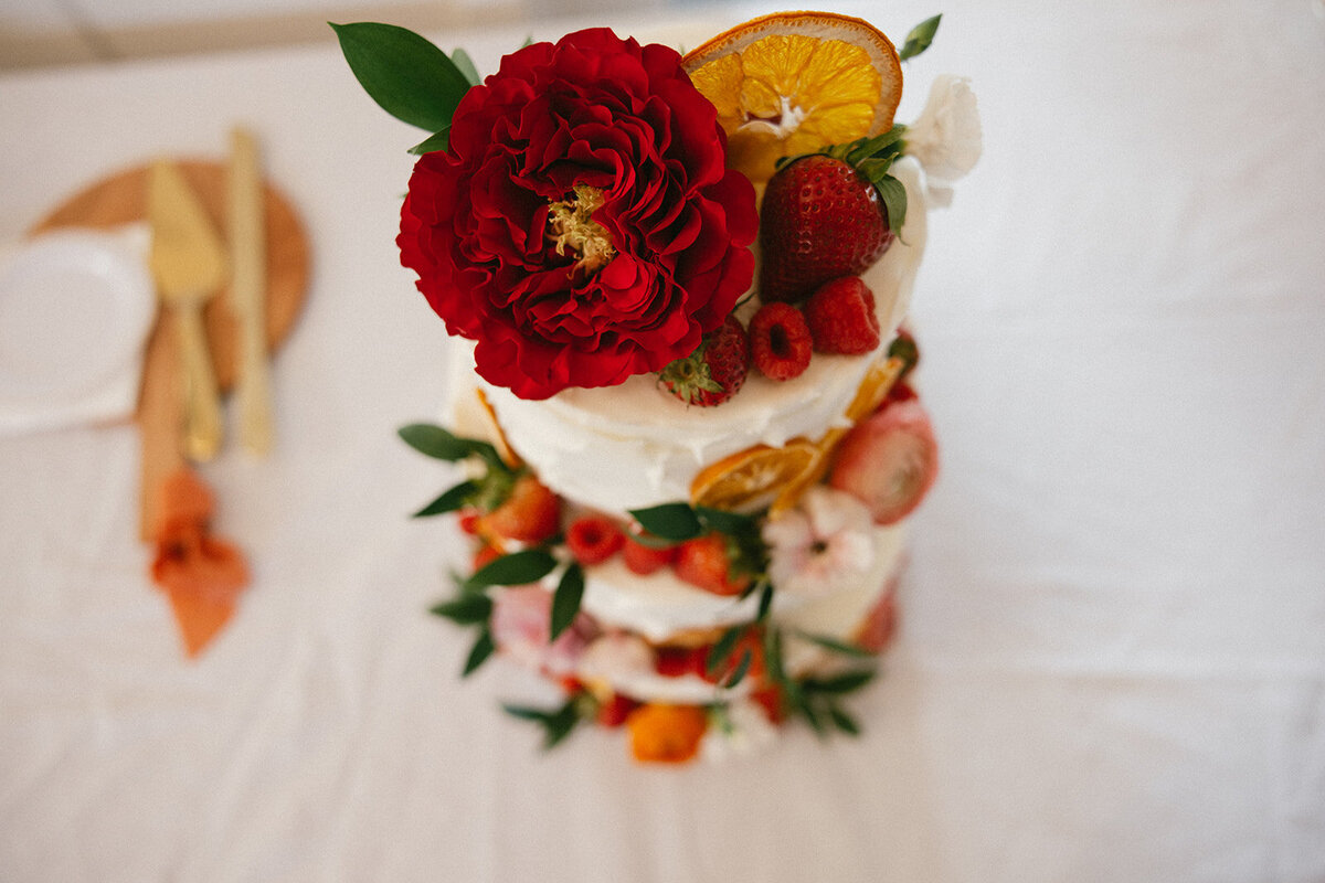 Detailed shots of bright pops of color on wedding day cake featuring lemons, roses and raspberries. 