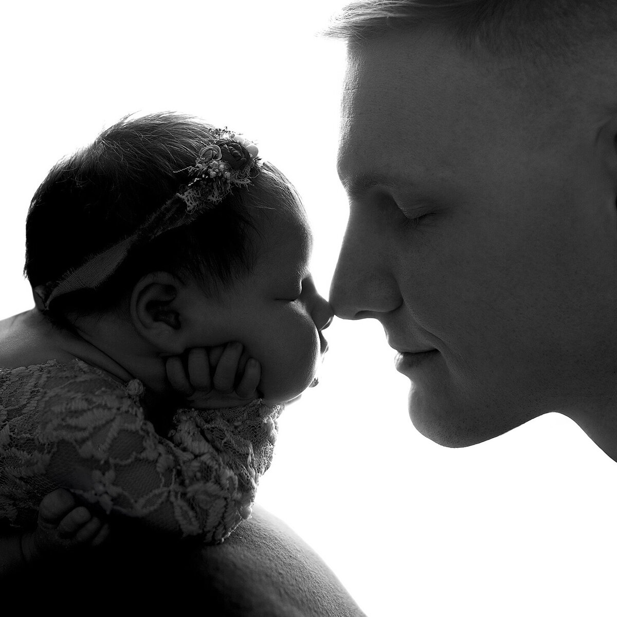 Syracuse photographer, newborn, baby, props, newborn photoshoot, photography, belly, backdrop, studio, white, backlit, nose touching, dad and me, baby and dad, headband, girl, newborn clothes
