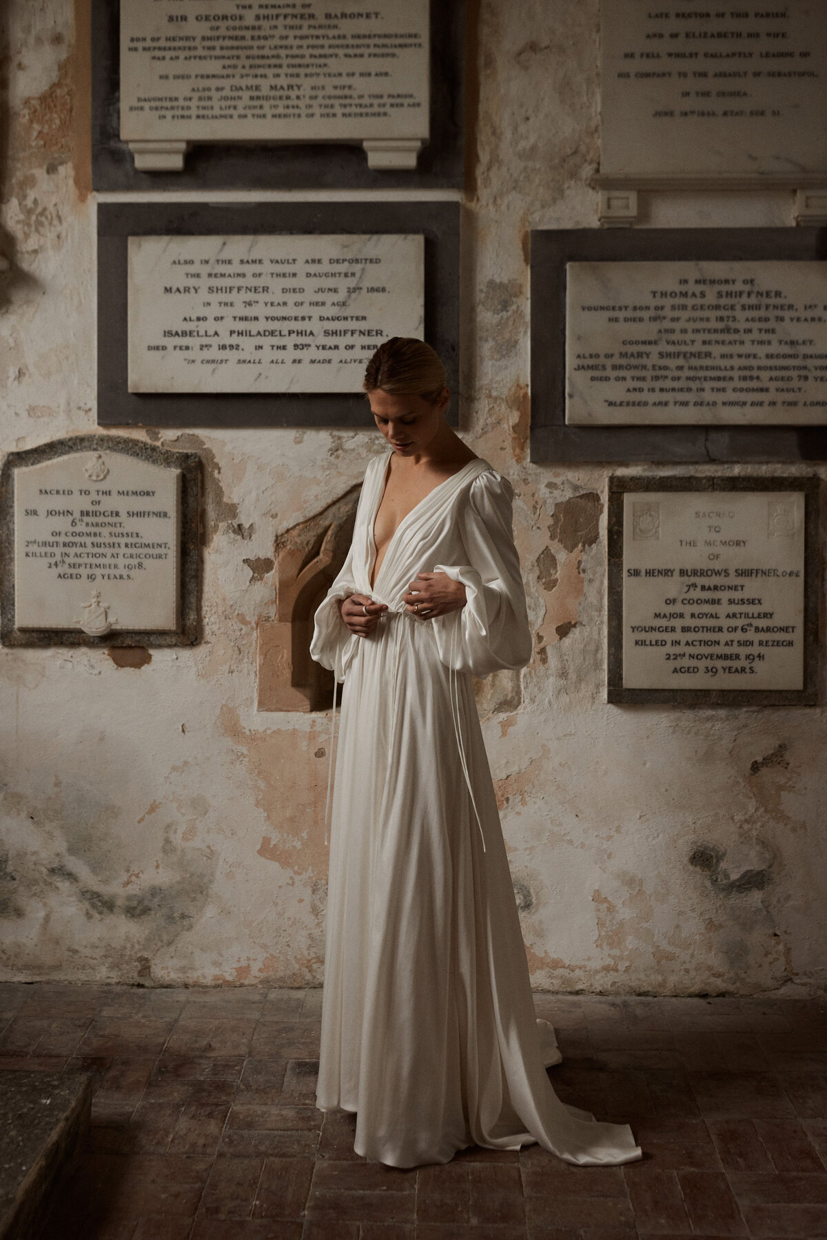 Handmade long sleeves silk wedding dress with deep v back and high neck on bride