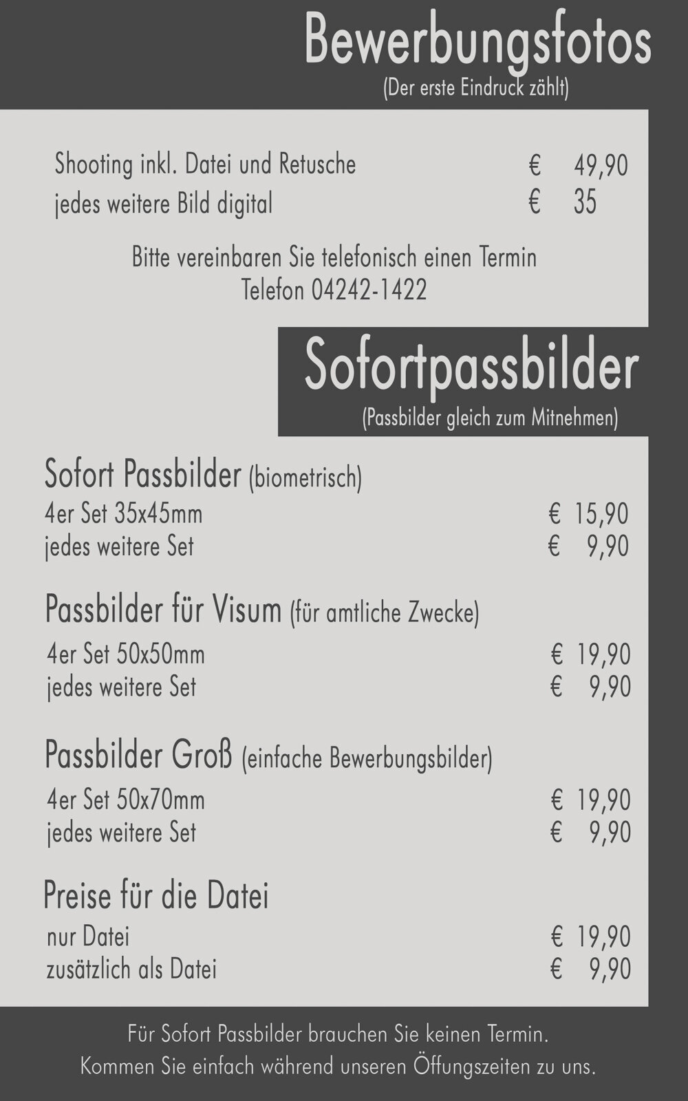 Passbildpreise Ihr Fotograf 2025