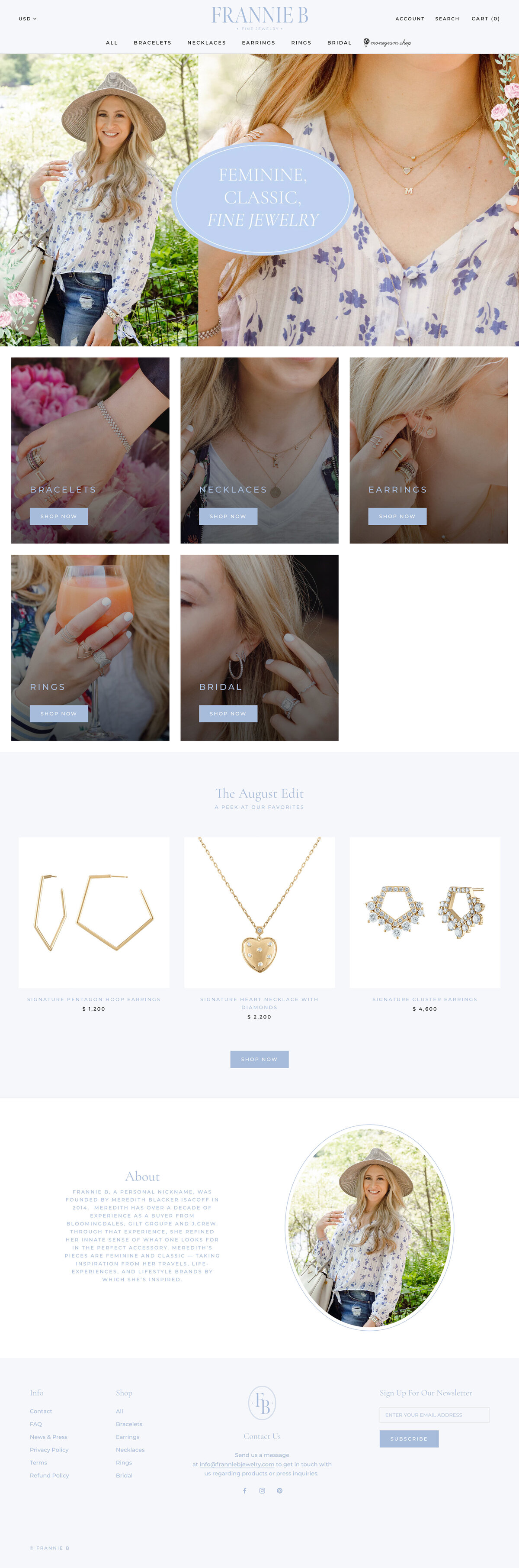 Homepage design of Frannie B. Jewelry website with blue-toned details