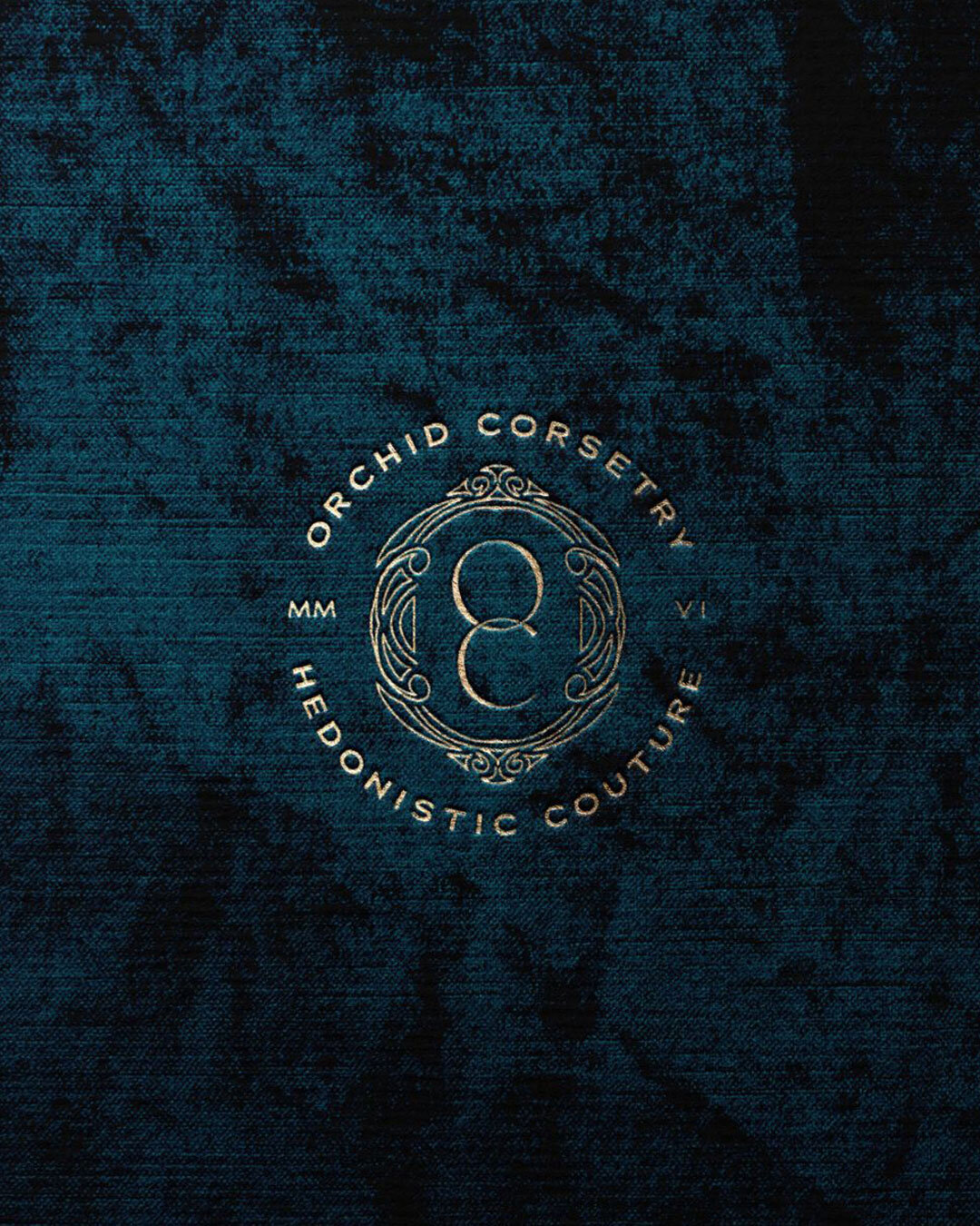 Gold foil logo mockup for Orchid Corsetry, designed with a luxurious teal brand palette.
