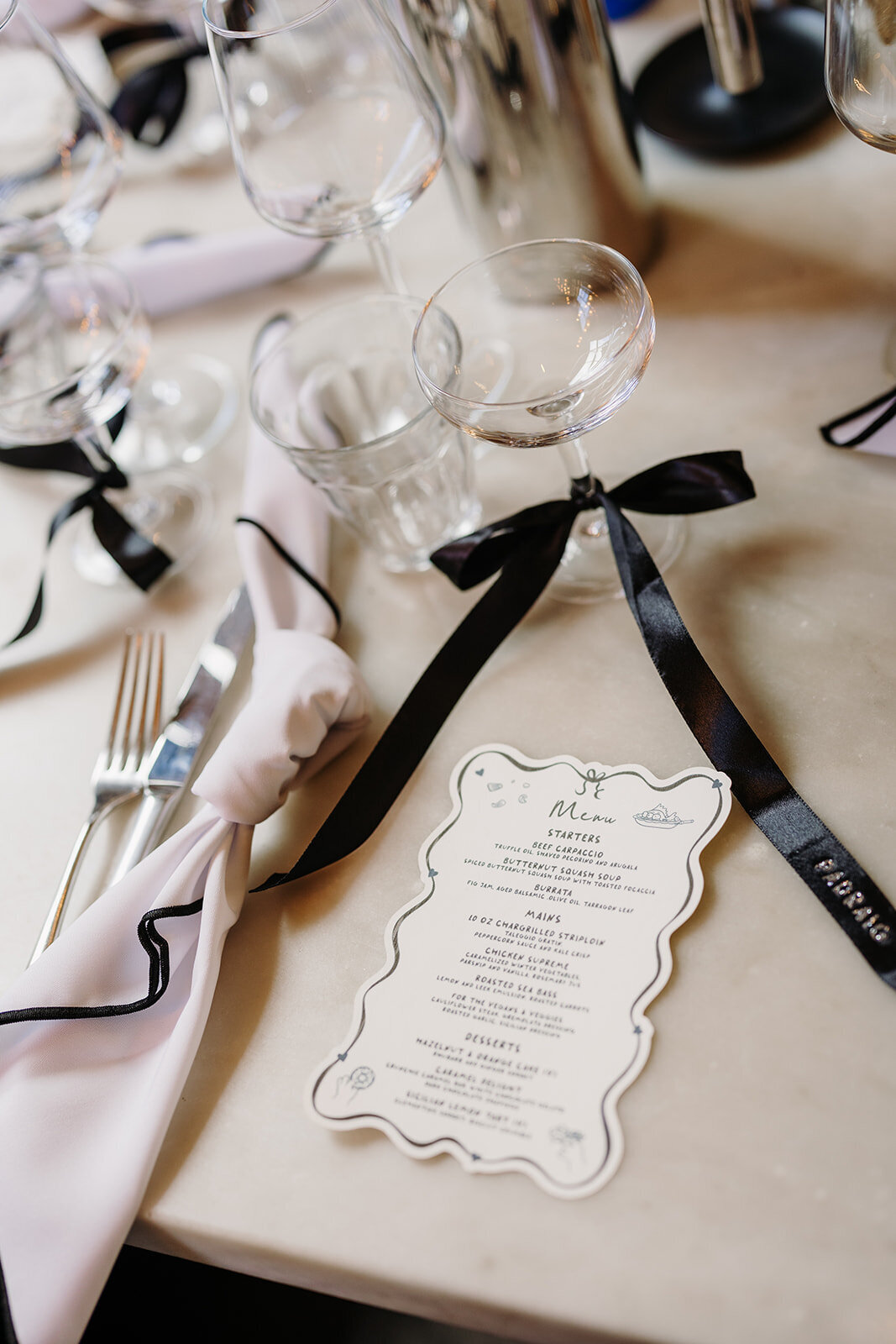 Black and white chic wedding menu at Roberta's in Dublin, Ireland