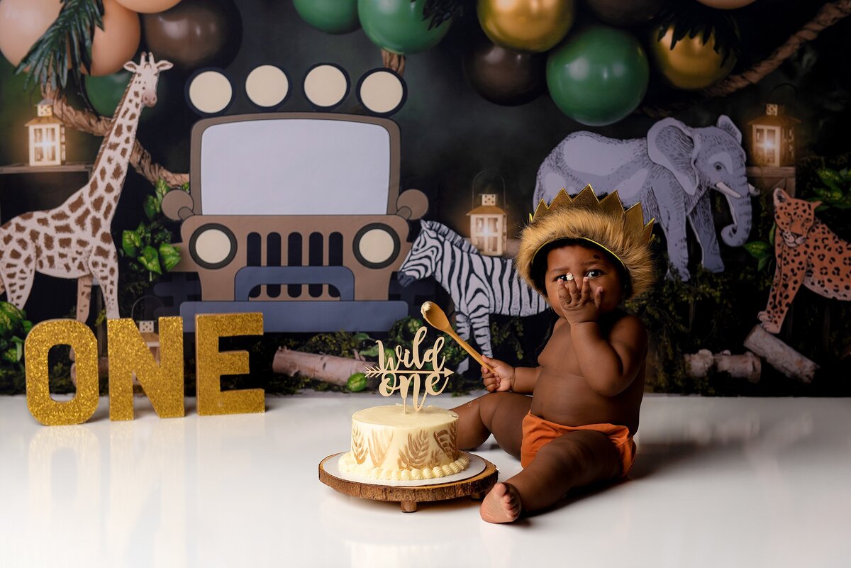Palm Beach cake smash photographer studio cake smash session with a wild one jungle theme.