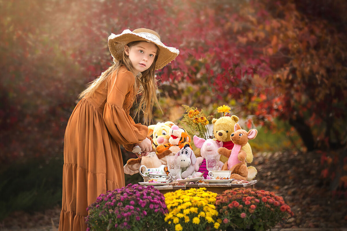 tea-time-party-vintage-victorian-child-girl-photographer-fine-art-fall-autumn-colorado-winnie-the-pooh-forest-leaves-fall-autumn-hundred-acre-woods-magical-unique-todd-creek-children-book