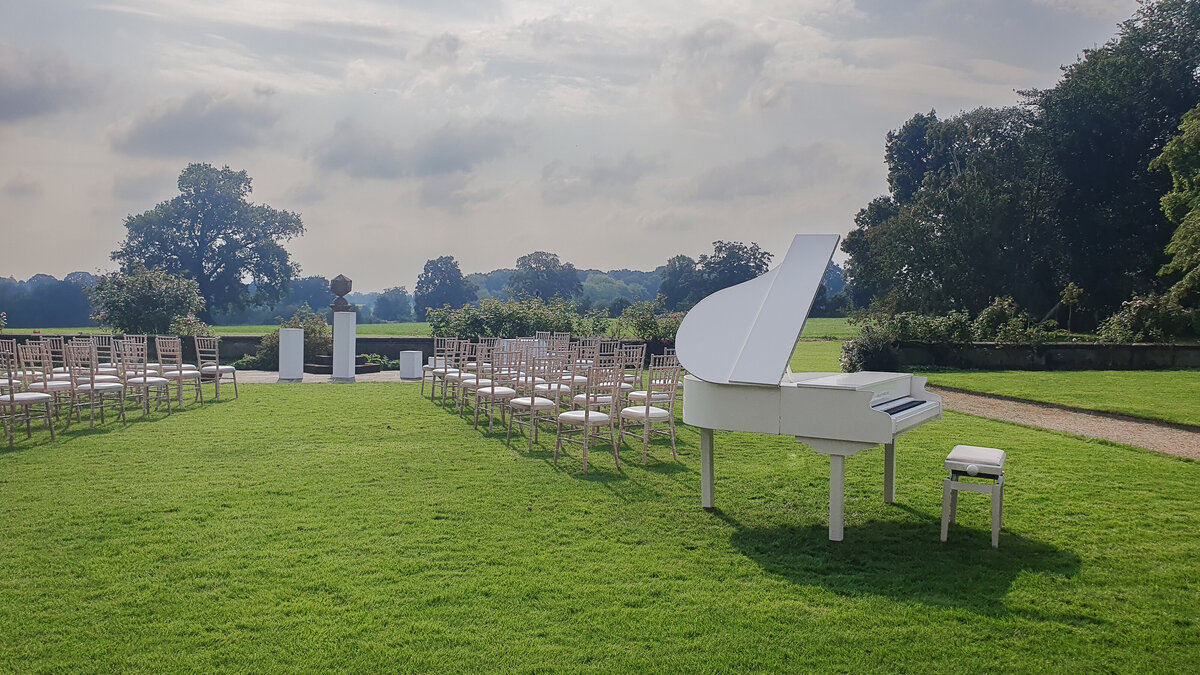white baby grand piano hire wedding ceremony manchester