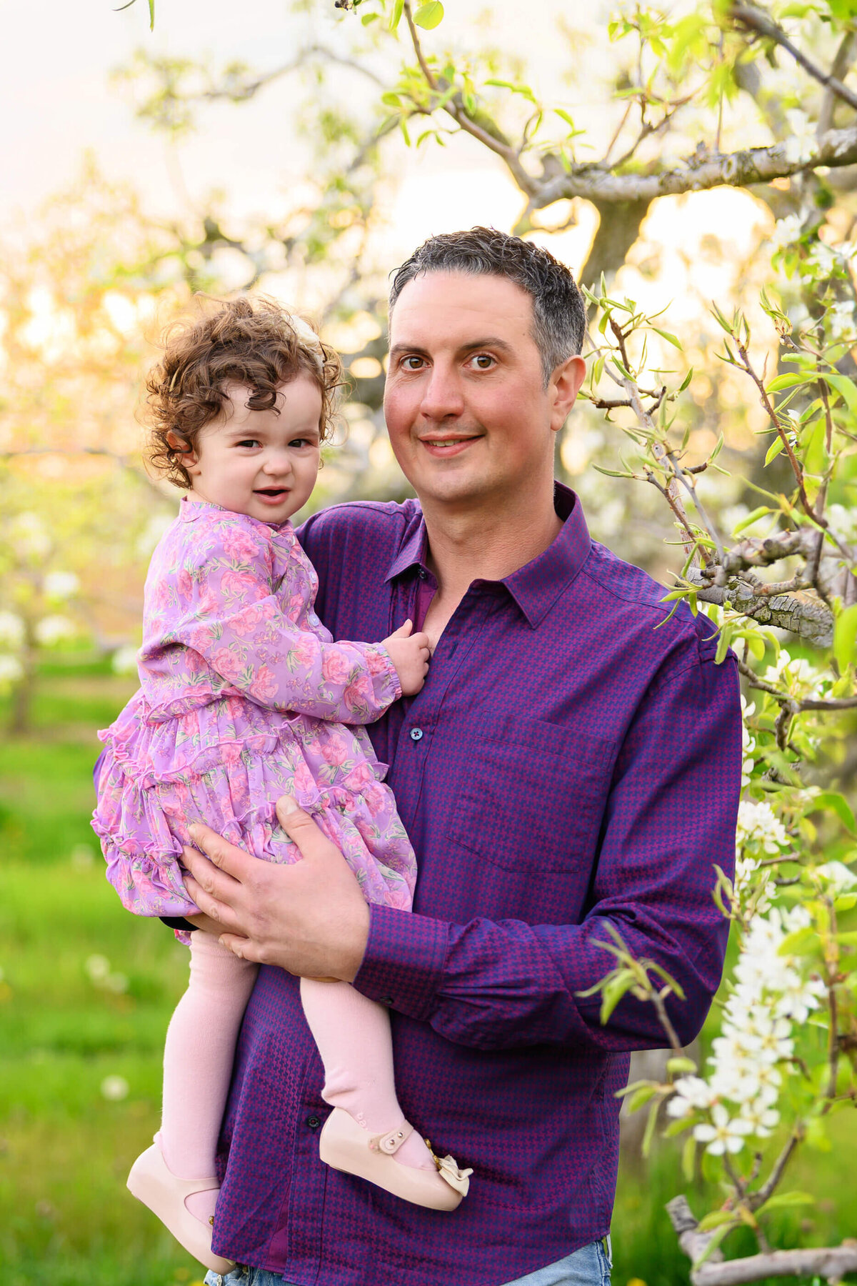 Dad holding his daughter with the white cherry blossoms behind them in the golden hour sunset for their family photos