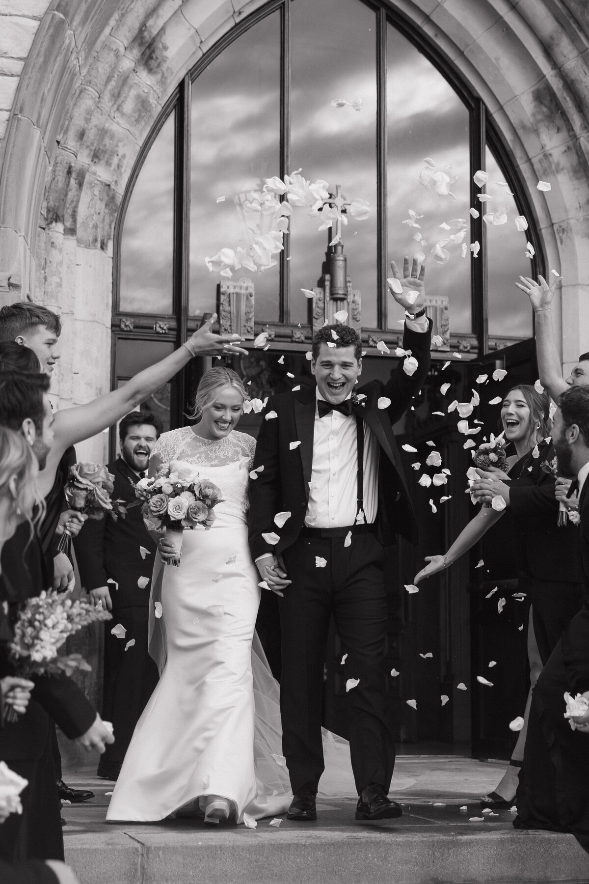 Black and white Indianapolis wedding ceremony exit