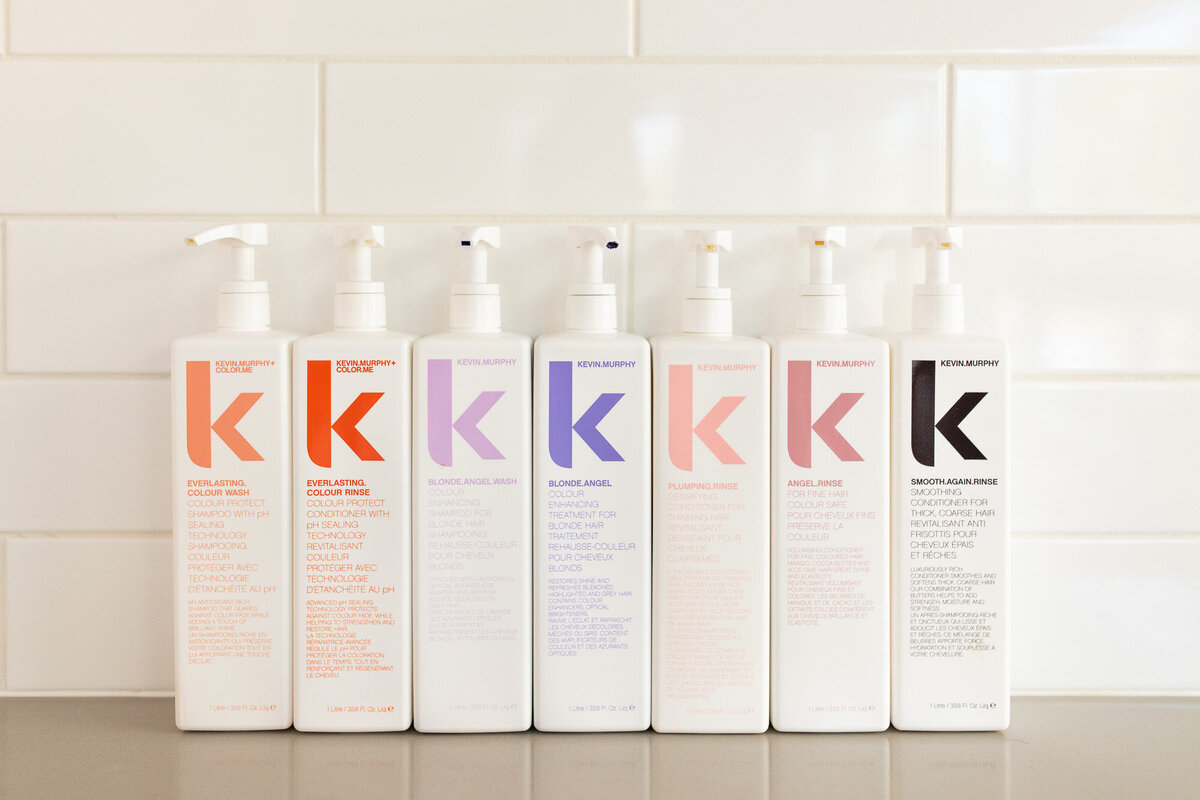 Shampoo products photographed during a photoshoot in a salon. 