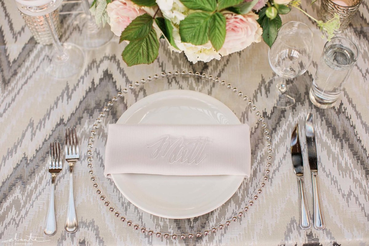 Grey ikat linens were an unexpected and stunning choice for this small Seattle blush wedding.