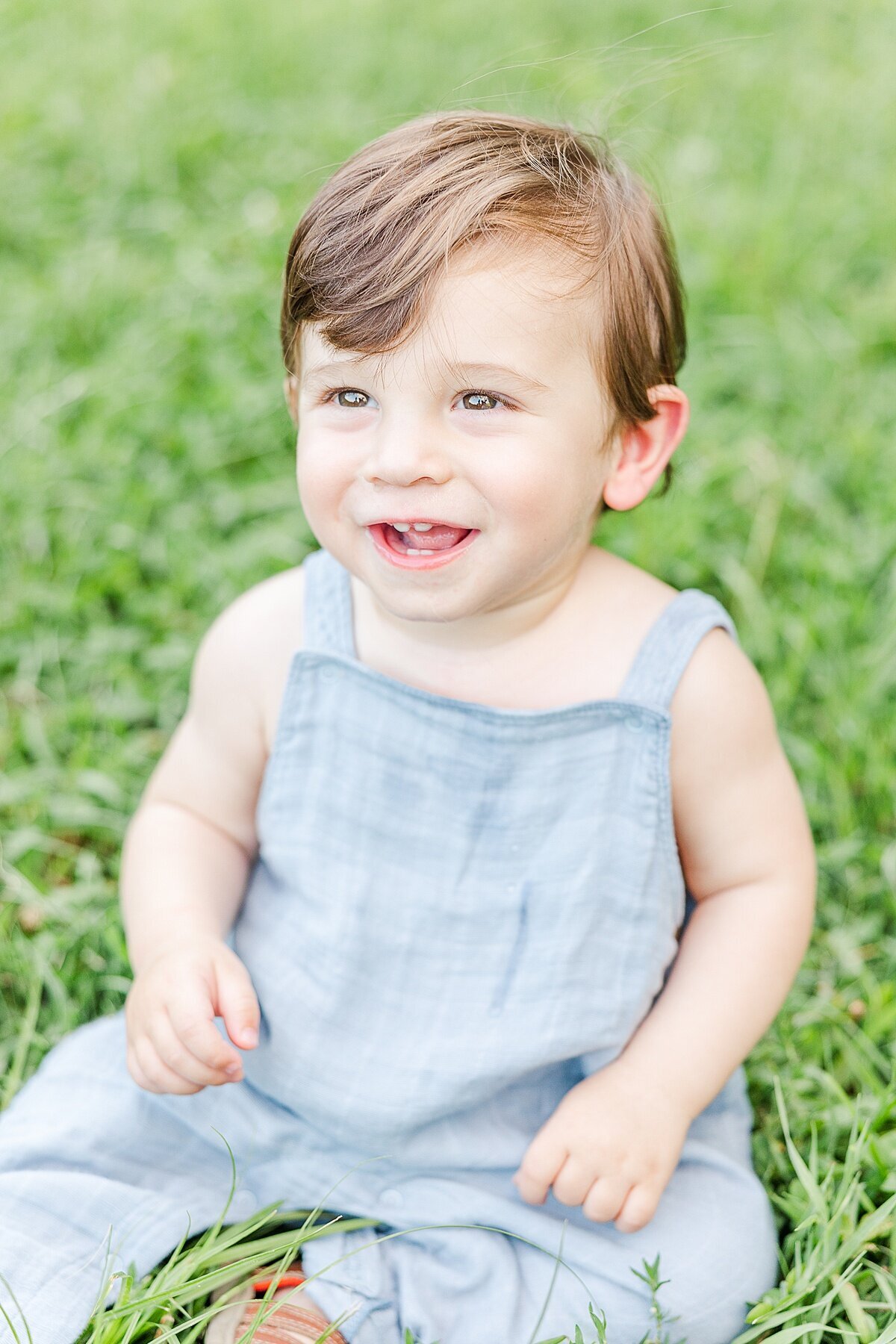 boy sits in grass during Family photo session with Sara Sniderman Photography at Heard Farm in Wayland Massachusetts