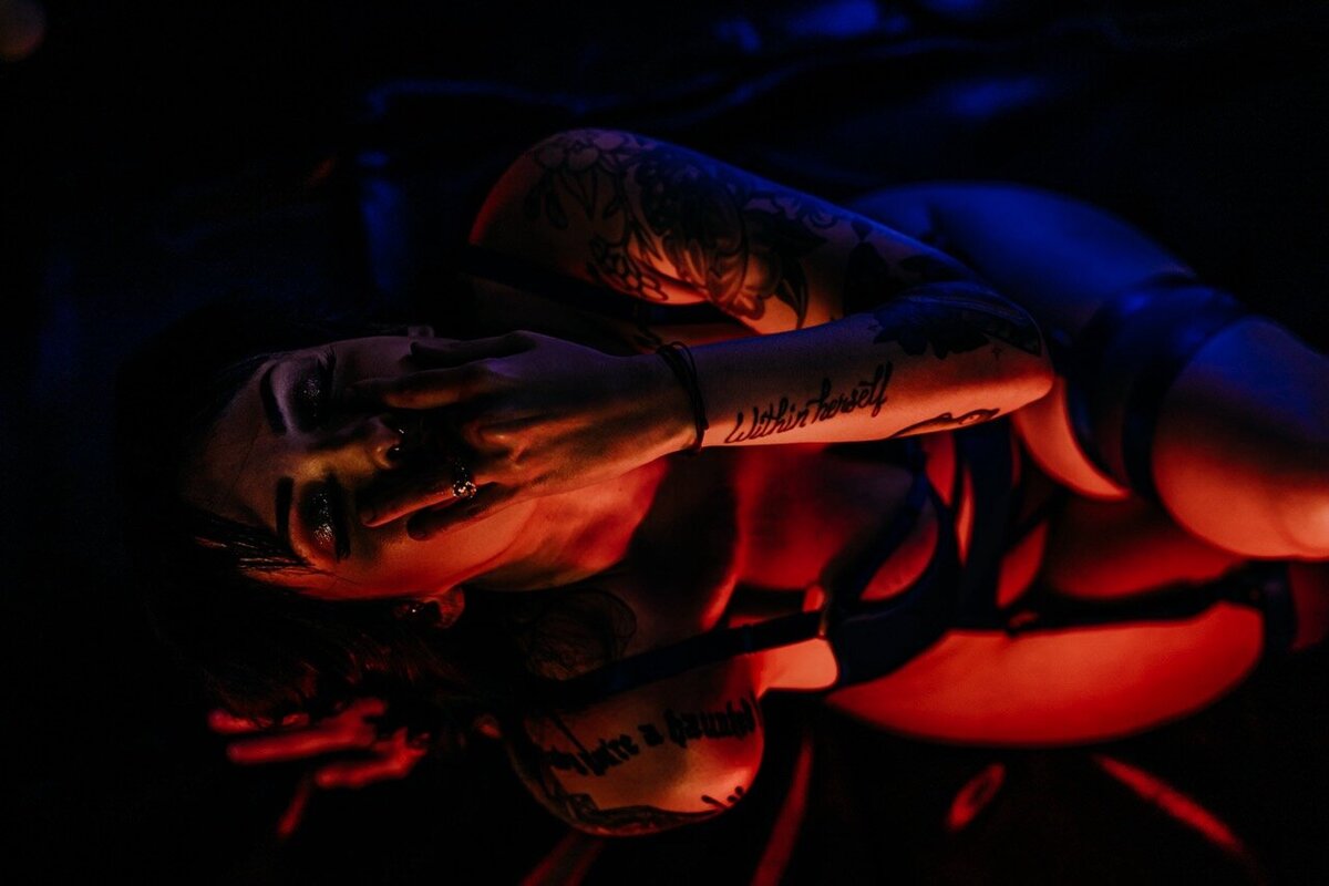 Boudoir photography woman in black lingerie with neon lights Lubbock, Texas Boudoir photographer in Amarillo TX