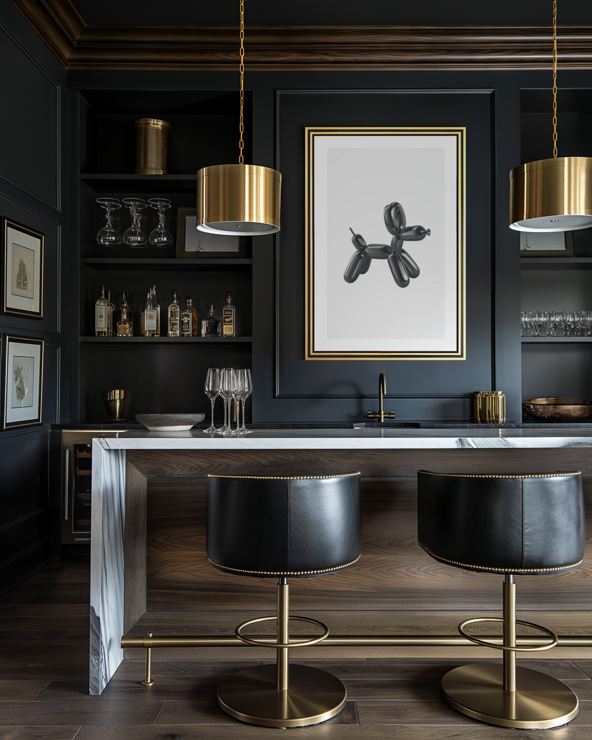 A modern home bar with black walls, gold accents, shelves with glassware and bottles, two black barstools, and framed art of a balloon dog above the counter—a stylish touch inspired by Sweet Pea Ink Creative | Brand Design.