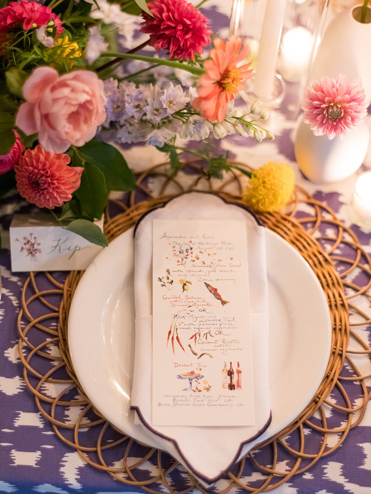 Kate-Murtaugh-Events-RI-wedding-planner-micro-wedding-Inn-at-Hastings-Park-Lexington-Boston-MA-luxury-elopement-colorful-dahlia-florals-candlelight-dinner-table-scalloped-napkin