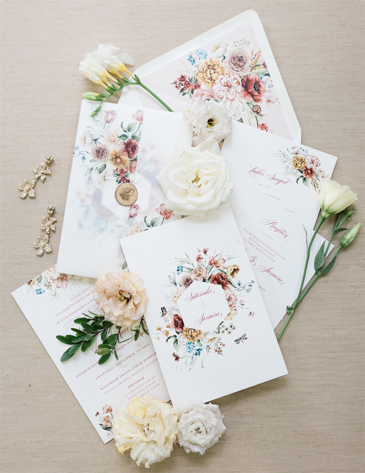 Fall florals and Ivory Sikh wedding invitation suite_GDesigners