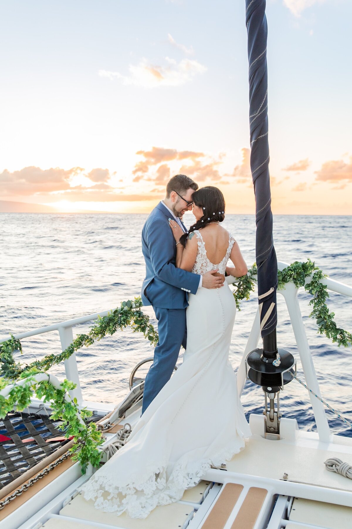 wedding photo at sunset sail in Maui, Hawaii