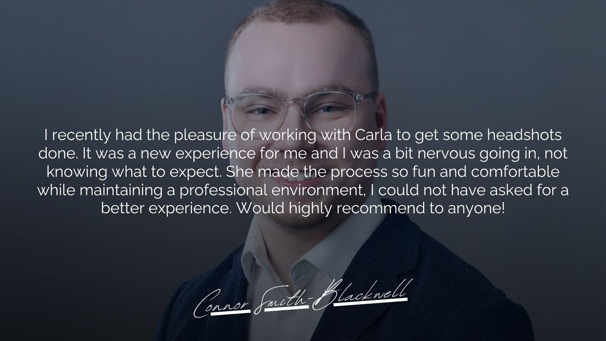 A testimonial image featuring a professional business headshot recommendation by Jessica Bennett. The text praises Carla for delivering beyond expectations, creating a seamless photography process, ensuring minimal business disruption, and capturing genuine smiles on camera. Jessica highlights how effortless and enjoyable the experience was, expressing strong willingness to work with Carla again.