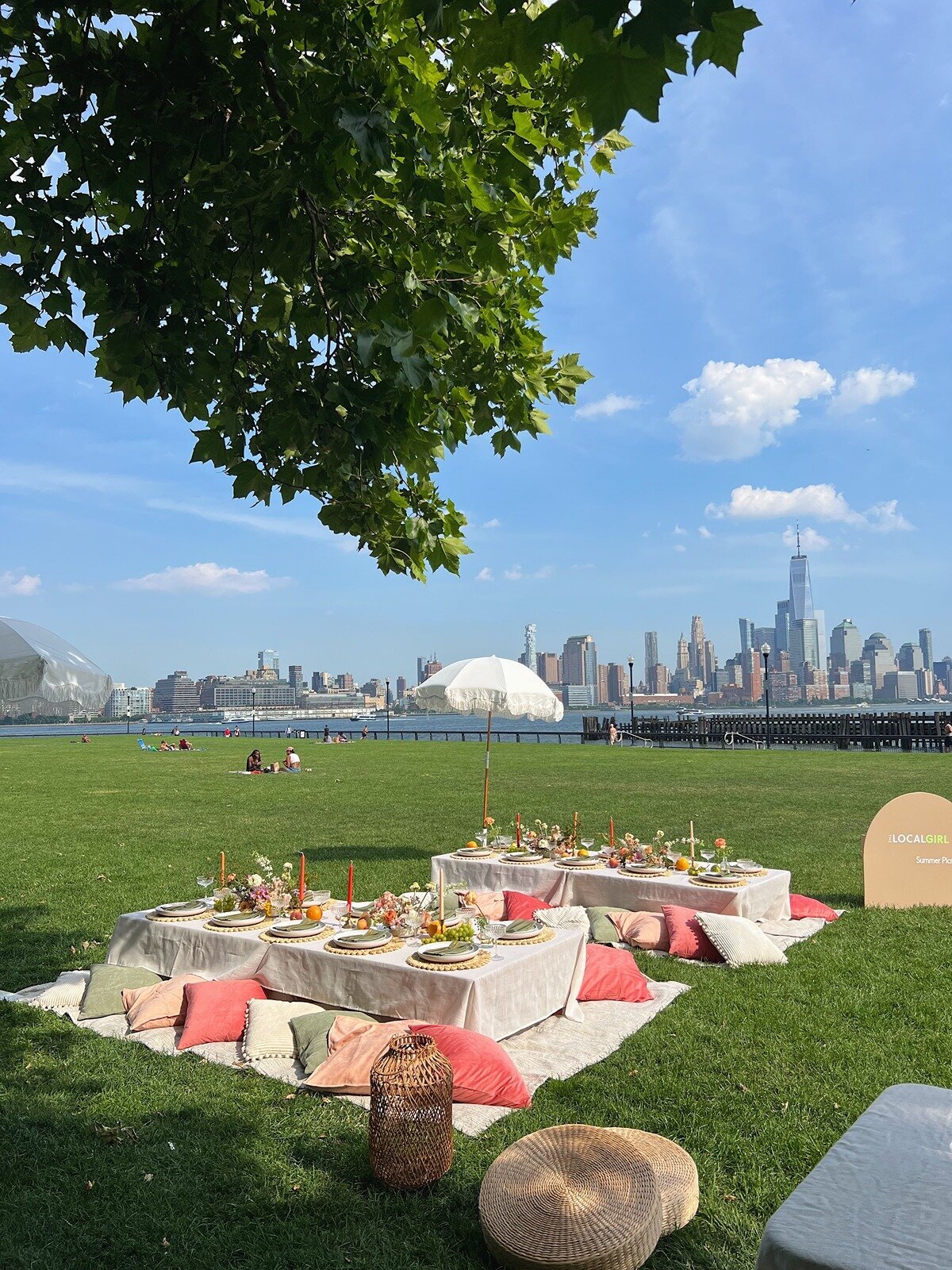 Luxury picnic setup with pastel cushions, styled tables, and skyline views of New York City, designed by Yours Truly, a wedding planner and designer in New Jersey.