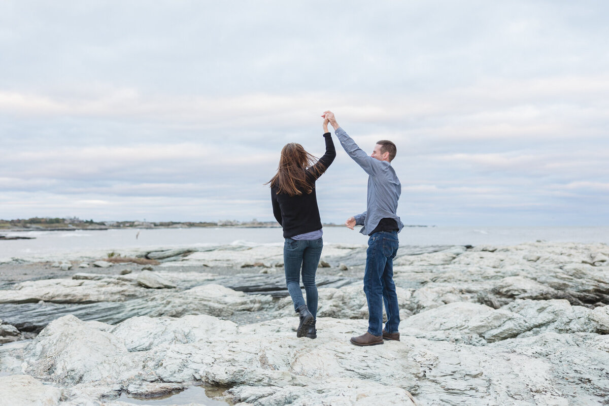 Couple dance during and engagement session in Newport Rhode Island