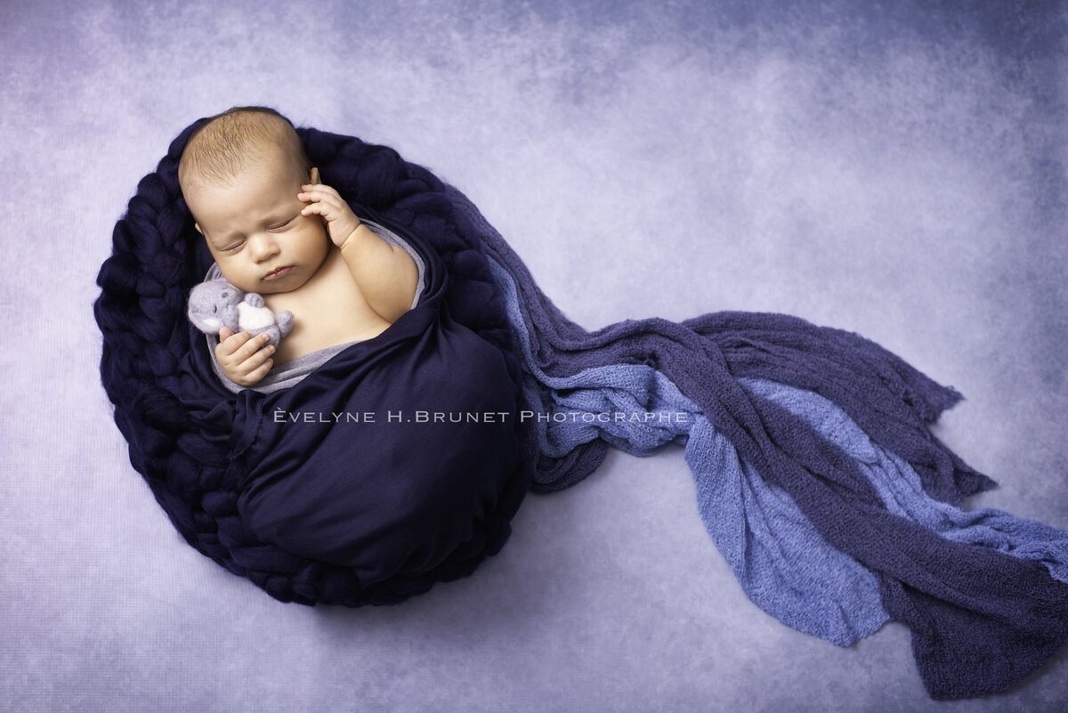 photo bébé photographe professionnelle bleu marin endormie