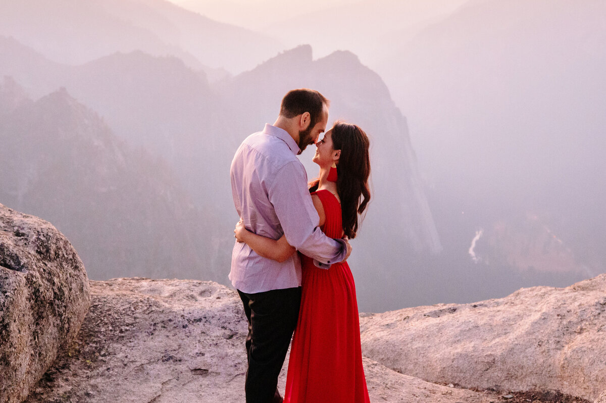 A bride and groom embrace during their Yosemite sunset elopement