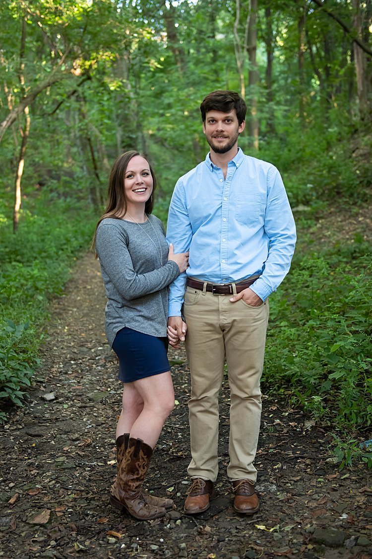 Fun engagement session with bride-to-be in cowboy boots on a wooded trail in Pittsburgh, PA
