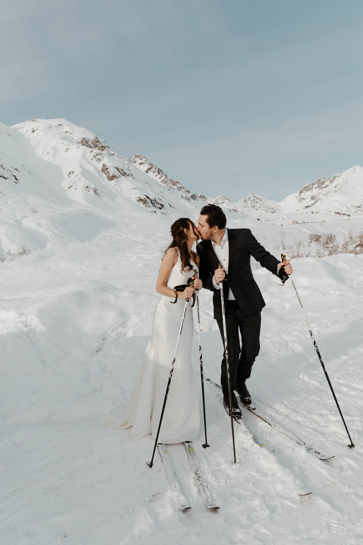 Bride and Groom on Skis in Alaska