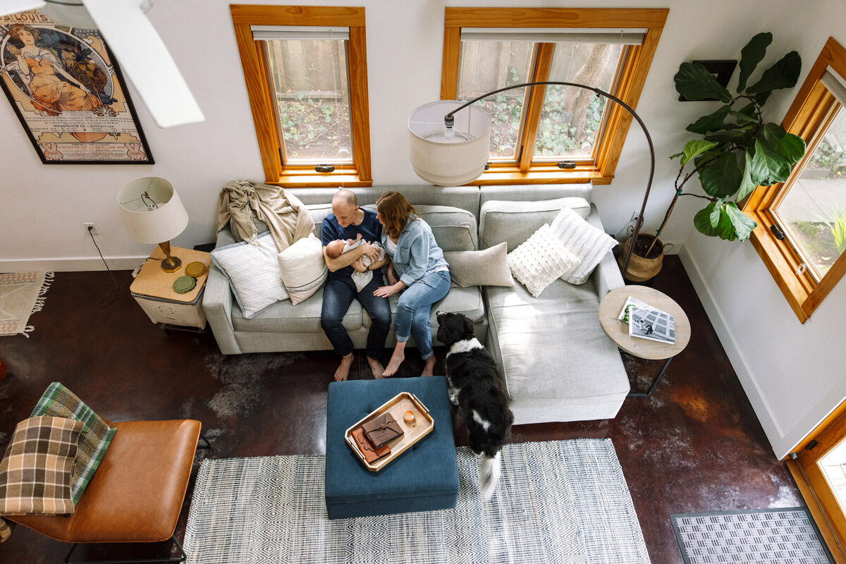 birds-eye-view of mom and dad dressed casually in jeans sitting on couch with newborn as dog looks on