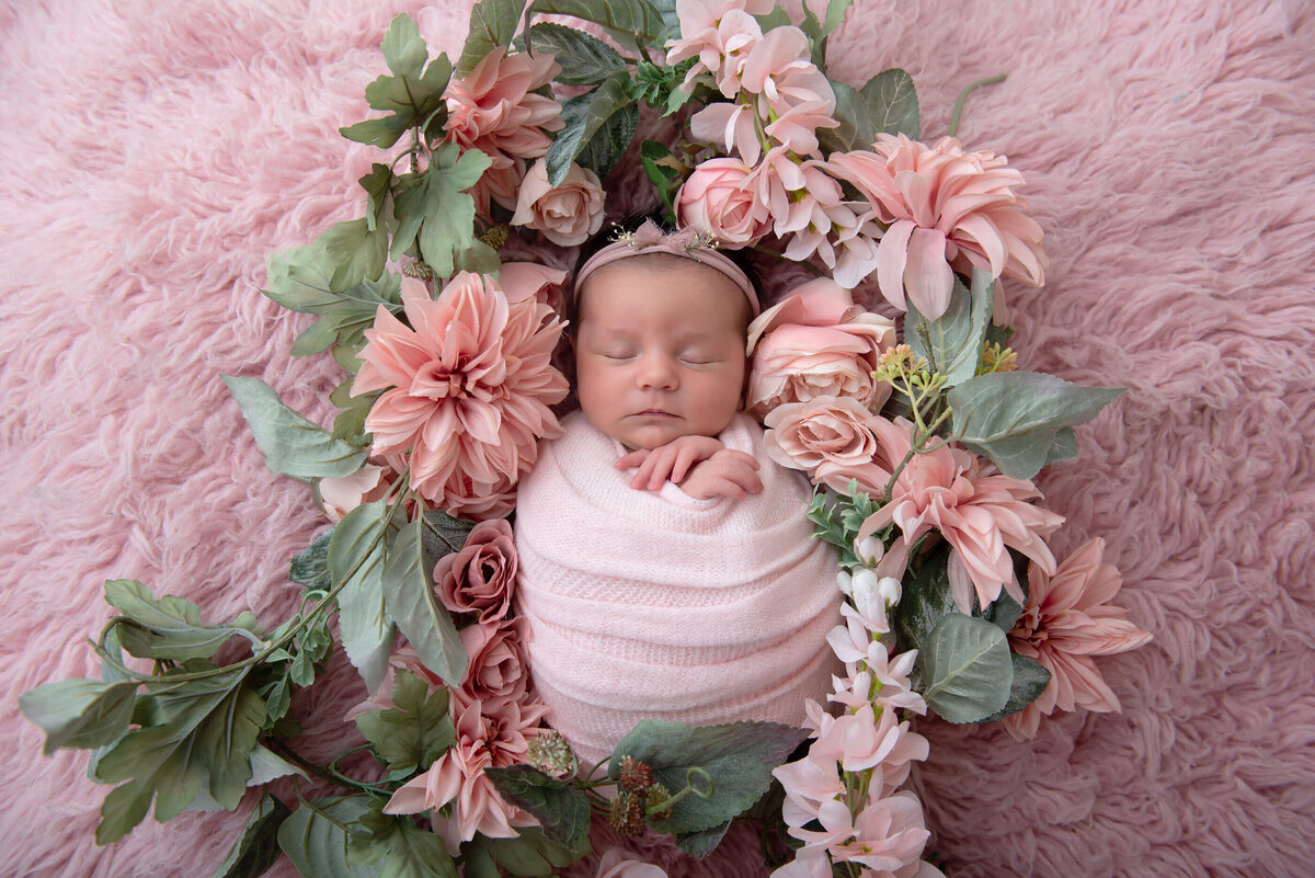 newborn girl wrapped in pink on a pink background with pink flowers for her Burlington, On newborn photography session