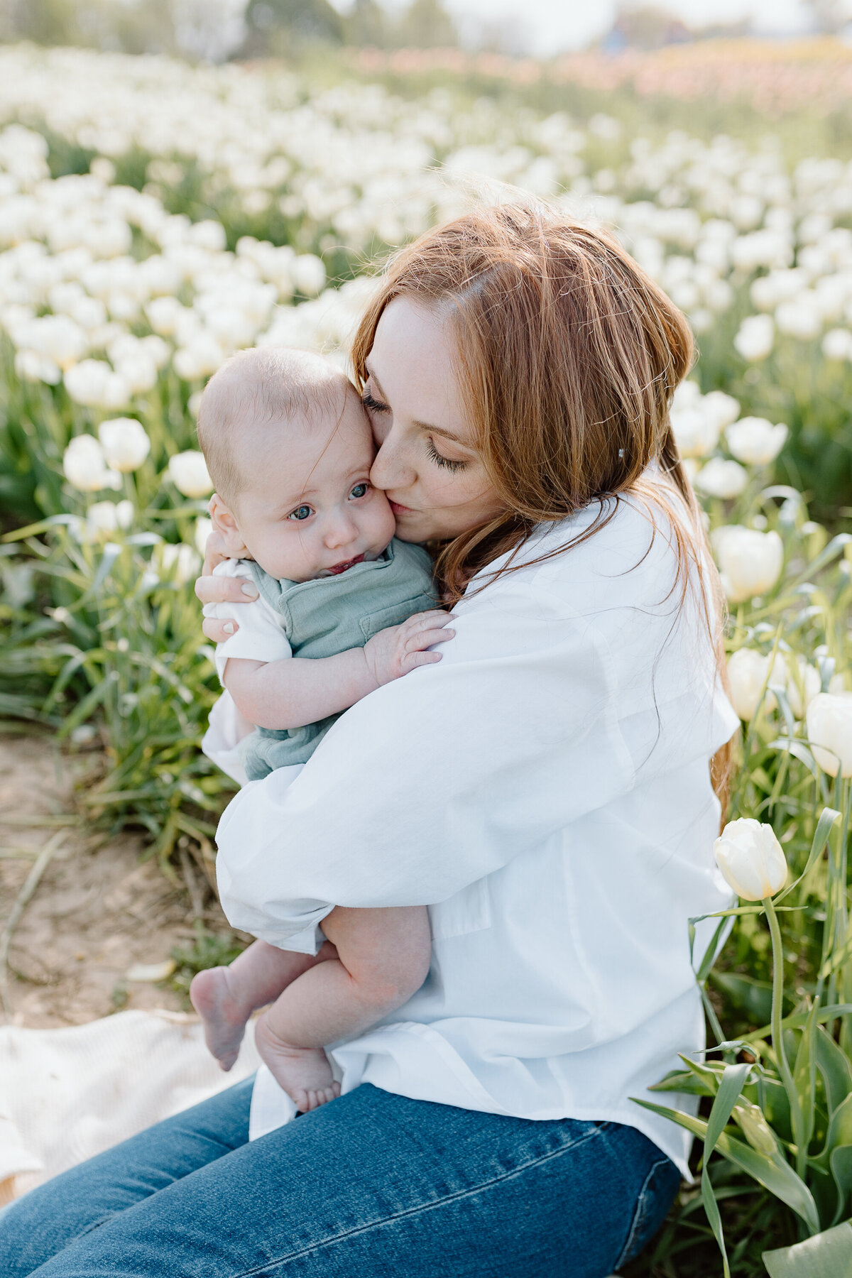 A mom kisses her baby's cheek while sitting by white tulips, for Mothers day photos in the tulip fields near Chicago. 