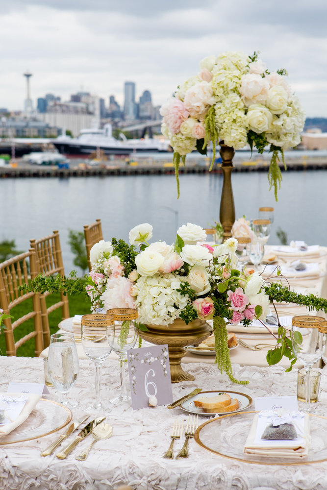This muted pastel floral perfectly completes this outdoor Seattle garden wedding.