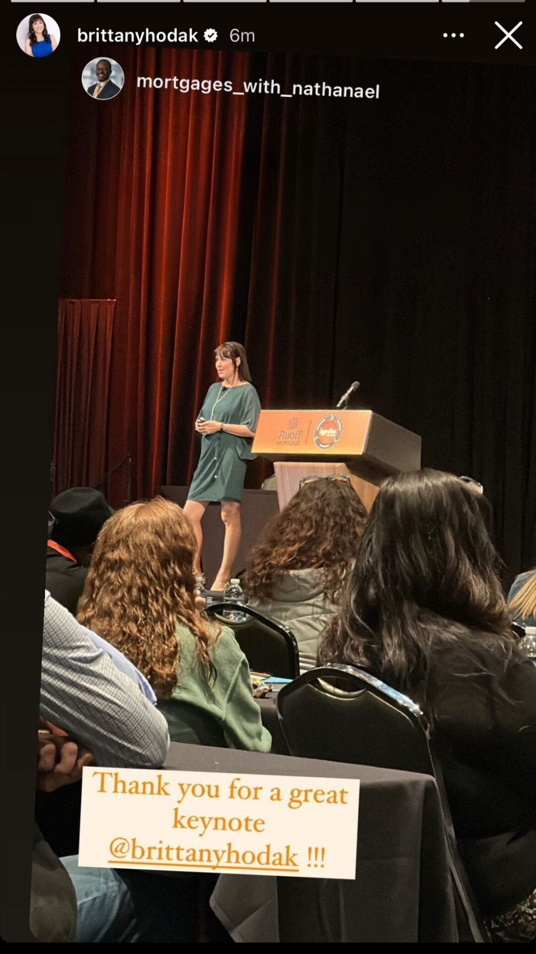 Instagram story testimonial for Brittany Hodak, mortgage industry keynote speaker.