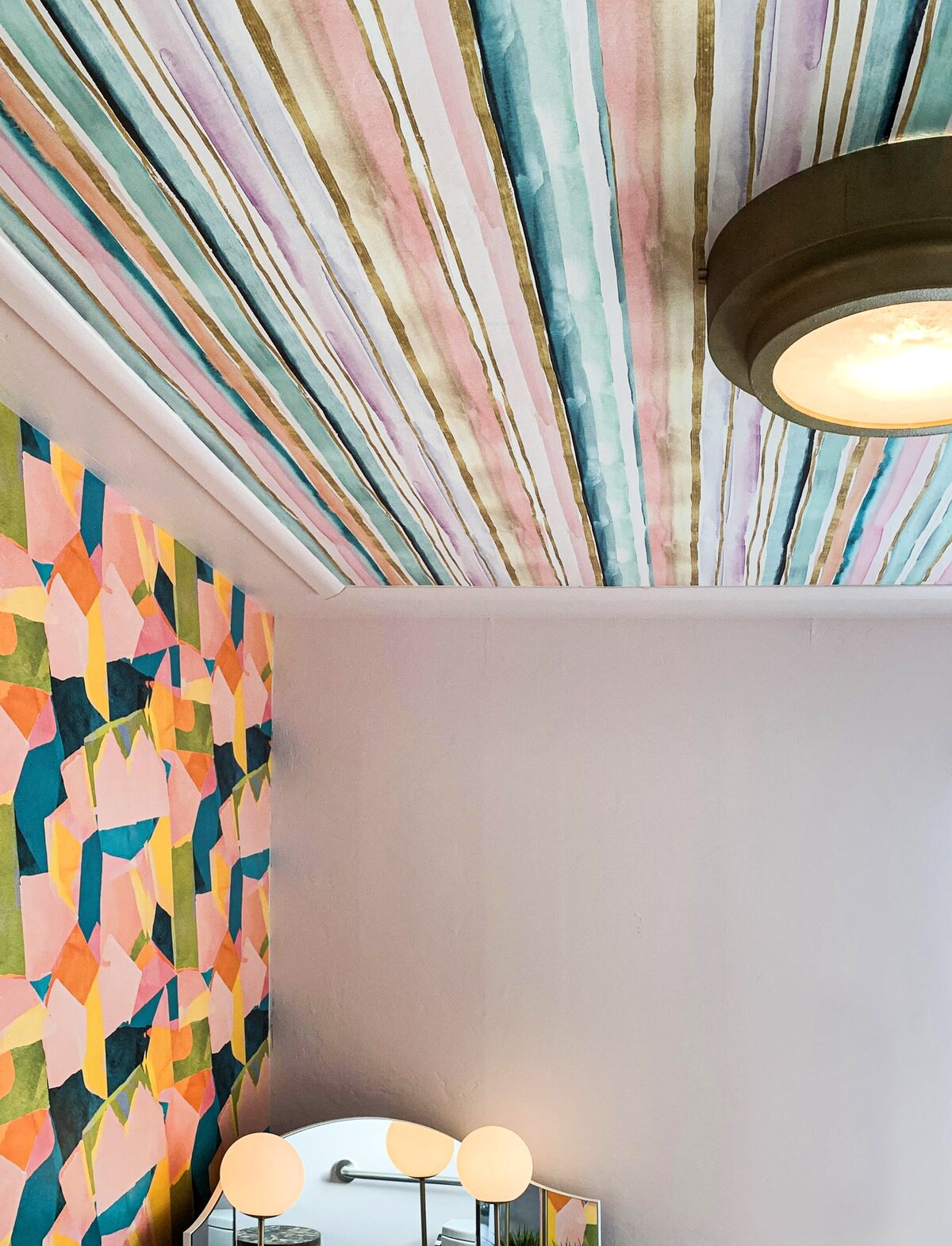 Salon design with colorful textured  wallpaper on ceiling and walls