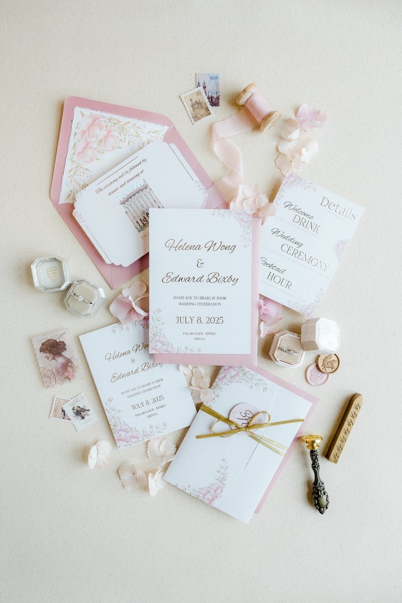 Bespoke luxury wedding stationery presented on a flatlay for destination wedding in Vienna designed by ECLAT Destination Weddings
