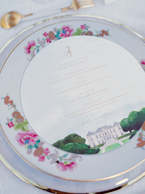 Musee Rodin Wedding by Alejandra Poupel Events plate and dinner menu
