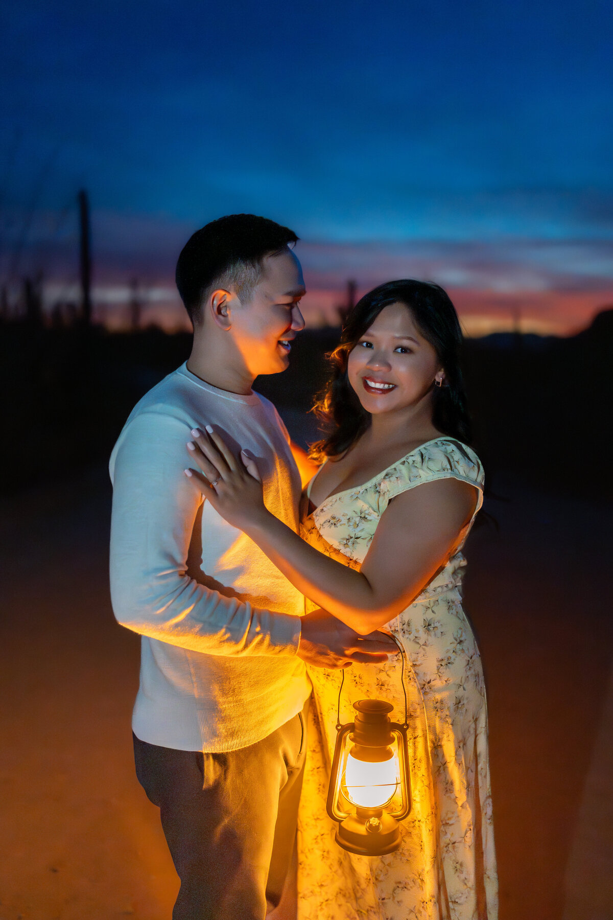 Tucson Saguaro Arizona Elopement with Bride Groom during Vibrant Sunset Blue Hour at Night portrait with lanterns.