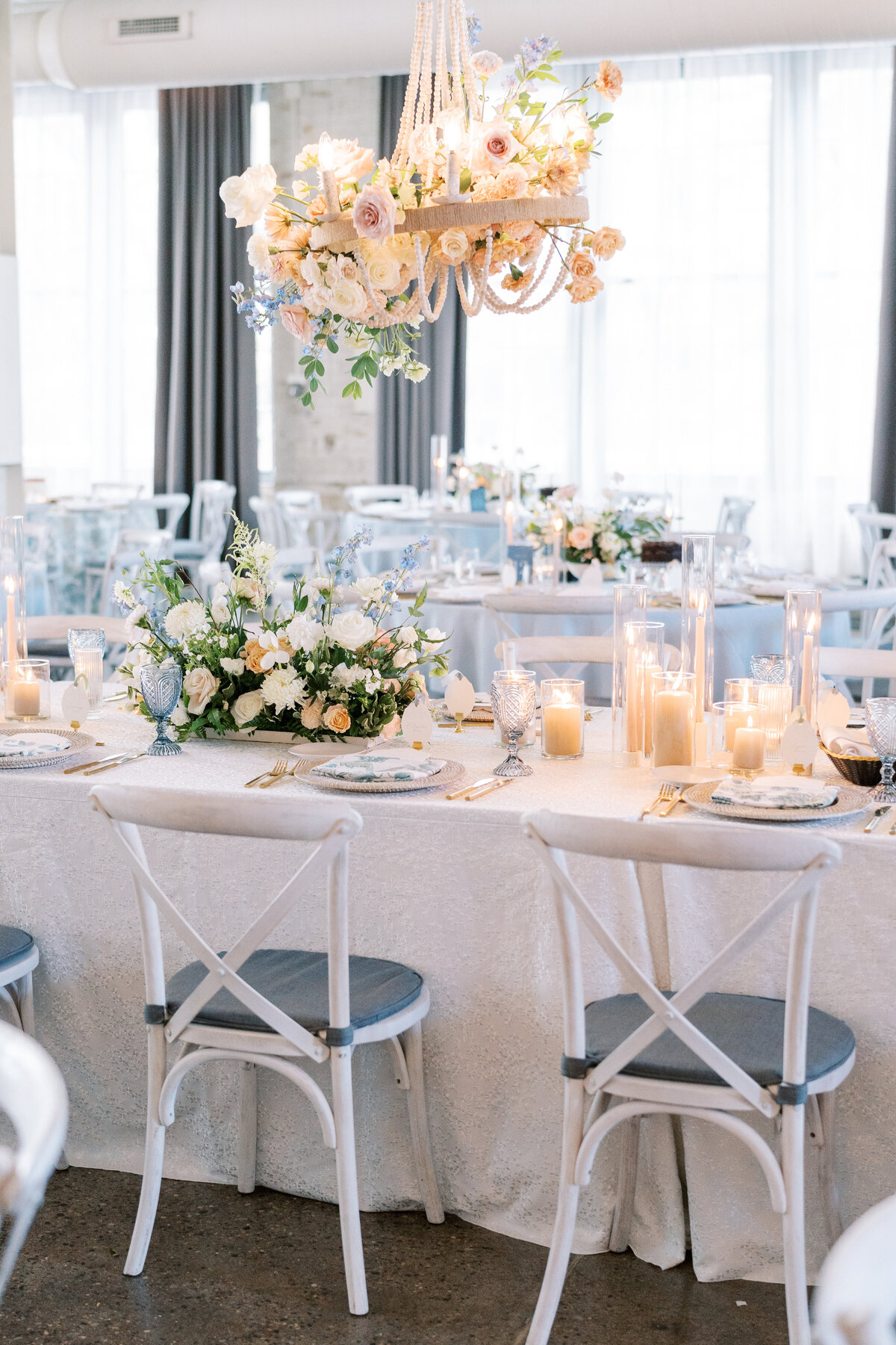 flowers on chandelier, machine shop wedding, studio fleurette