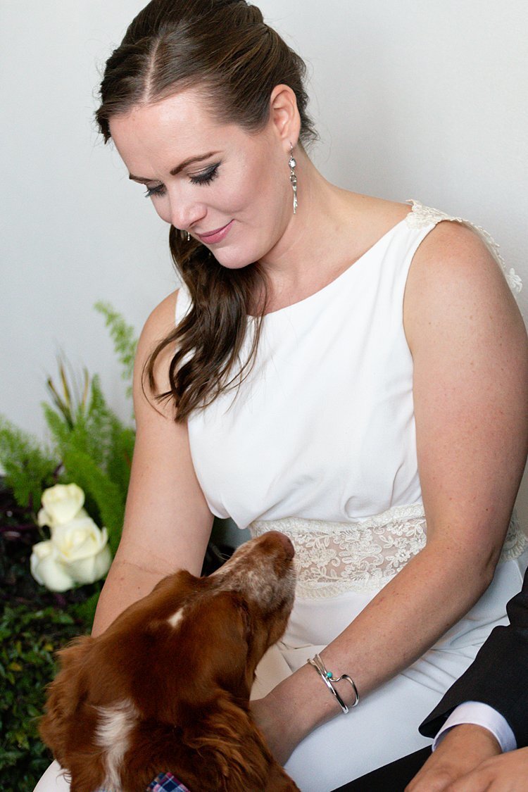 Bride sharing a special moment with her Brittney Spaniel during her self-uniting Quaker wedding ceremony in Pittsburgh, PA