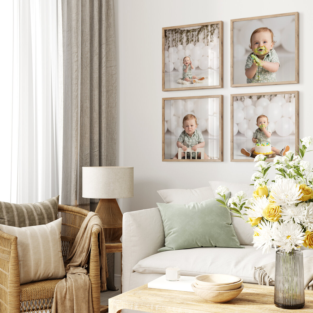 wall art collage in living room of one year old boys cake smash session cleveland family photographer