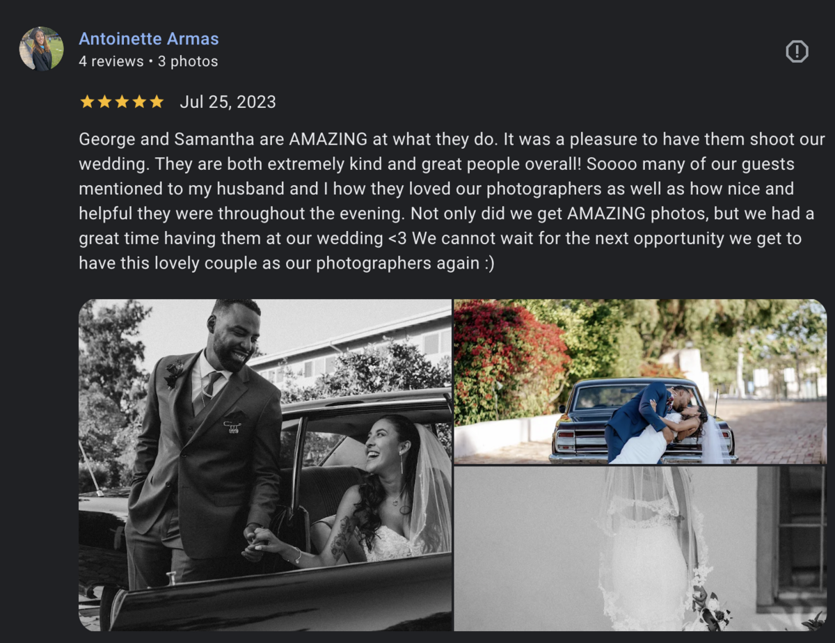 Auburn Blue Photography five-star Google review with wedding photo collage of couple in vintage car, kissing in front of classic car, and black-and-white bridal portrait at Rancho Buena Vista Adobe.