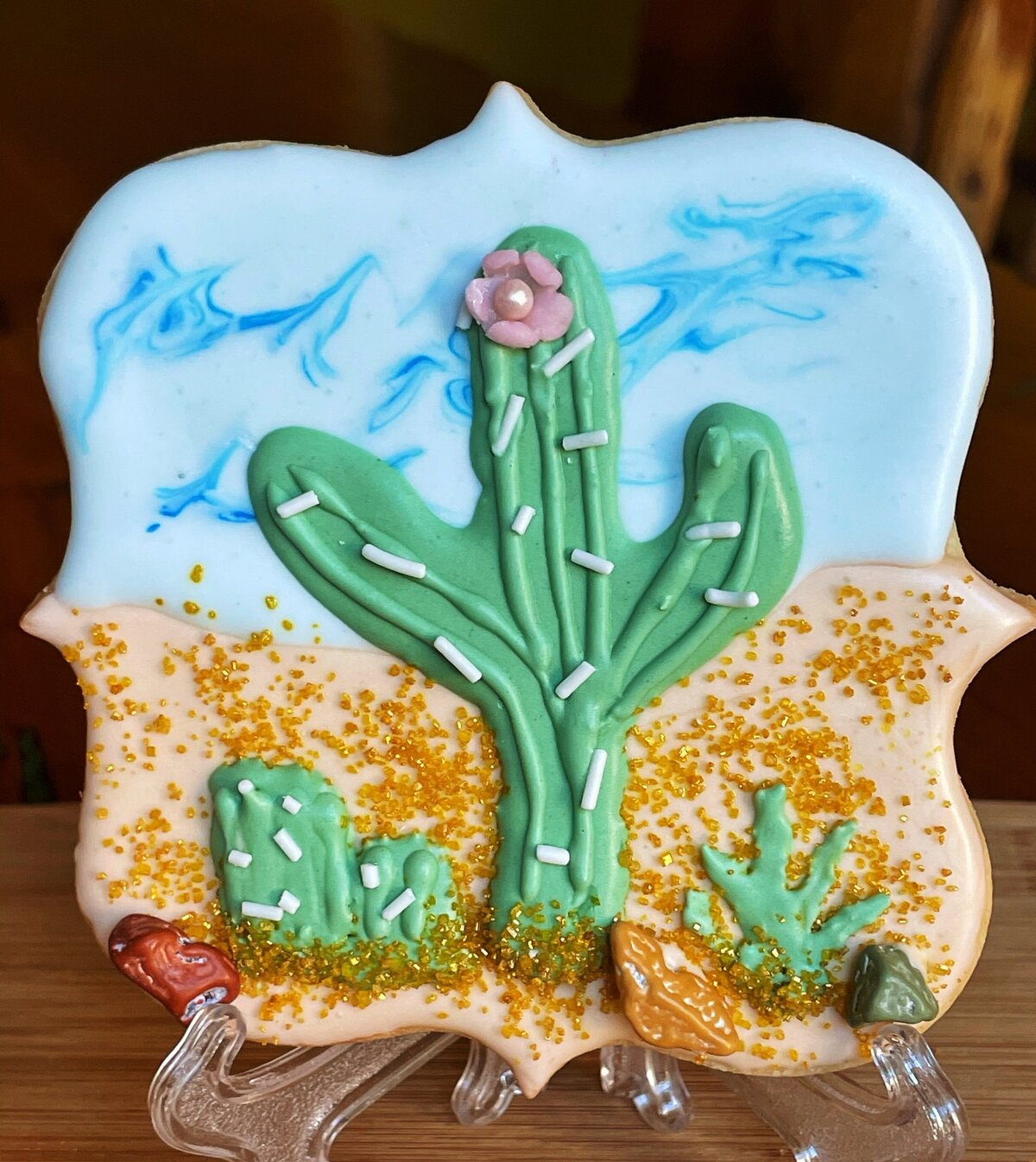 Hand painted and piped saguaro cactus and succulent cookie with chocolate rocks