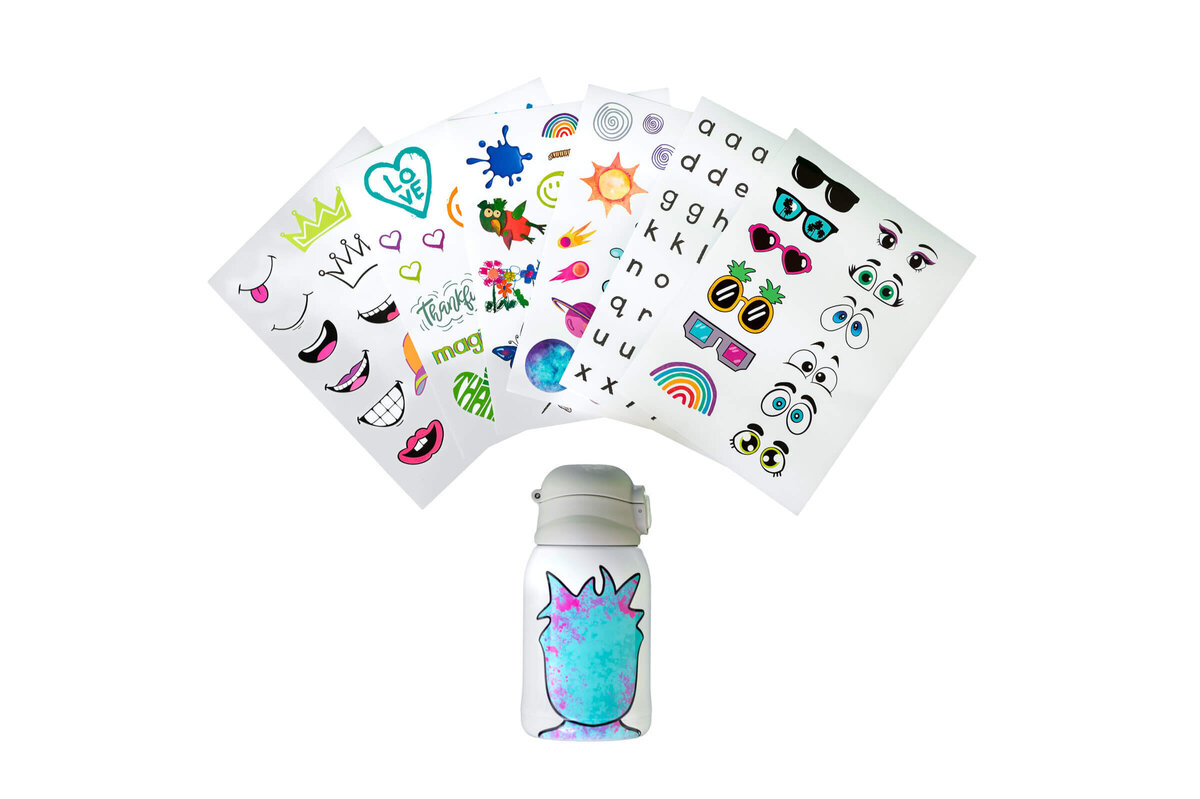 Product shot of a Luua Play water bottle, that can be customized by each child, using the variety of sheets of stickers provided.