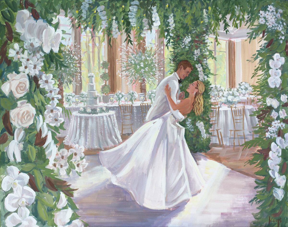 Georgia Live Wedding Painter captured Holly and Teddy's first dance during their reception at The Swan House at Atlanta History Center
