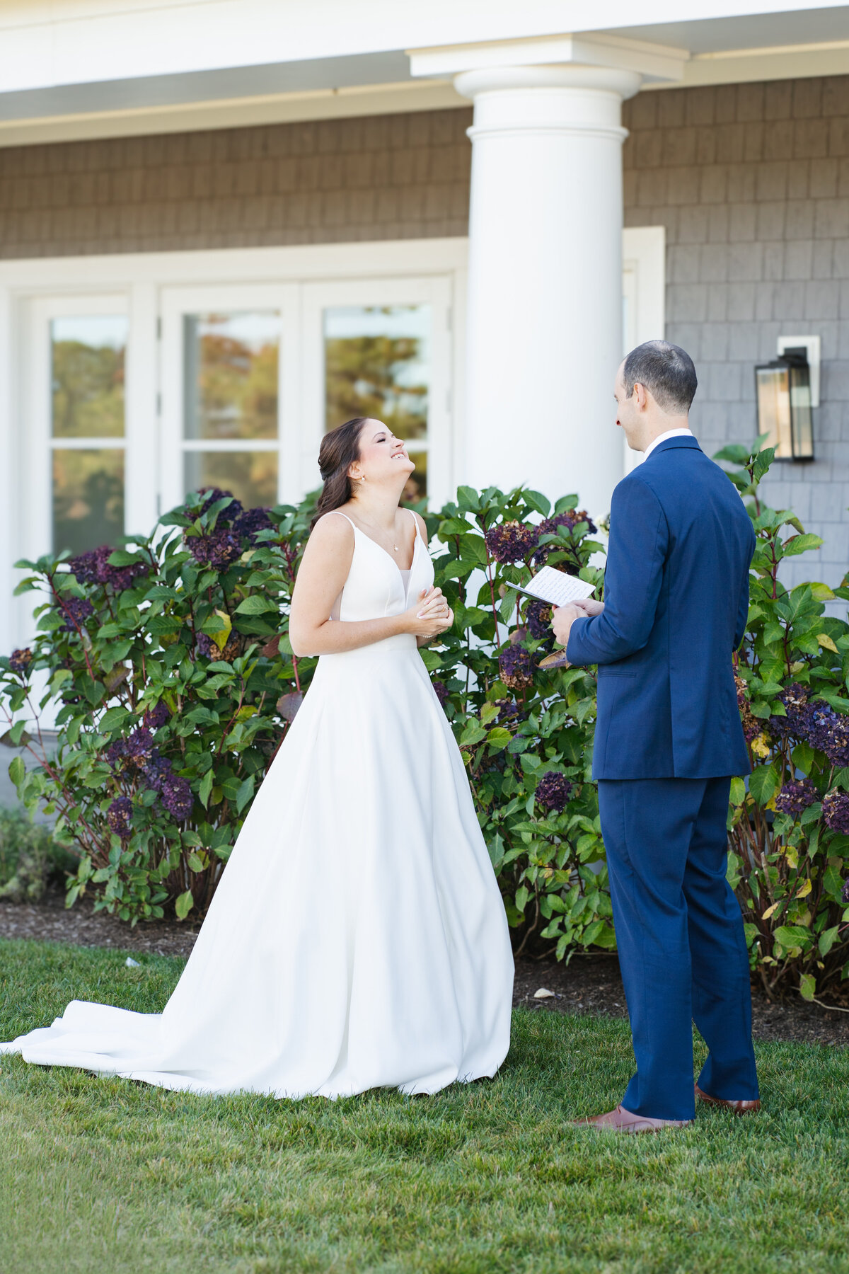 First look between bride and groom at Waverly Oaks