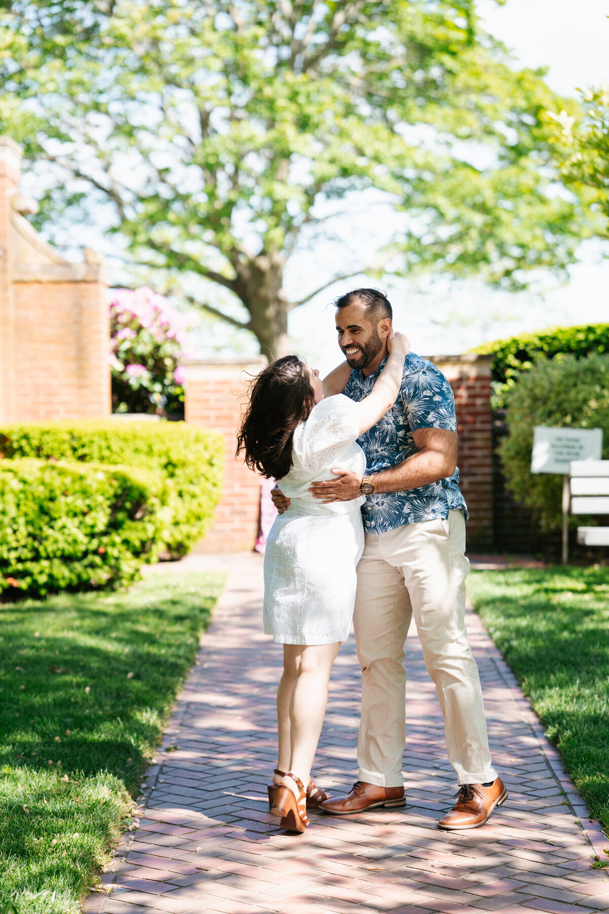 Natural light engagement portrait at Lynch Park’s rose garden in Beverly, Massachusetts