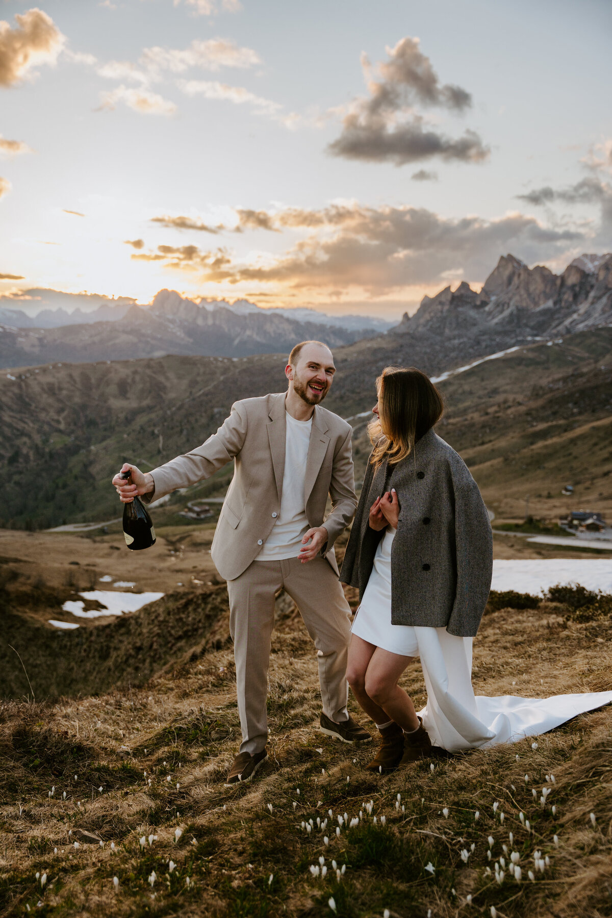 romantic couple during twilight elopement in Dolomites